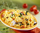 Ribbon pasta with sweetcorn and sprouts