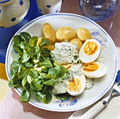Eggs in herb sauce, boiled potatoes and corn salad