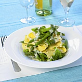 Lasagne sheets with green vegetables and hollandaise sauce