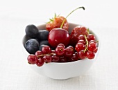 Berries and one cherry in white china bowl