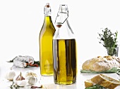 Olive oil, garlic, salami, herbs and ciabatta