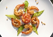 Salted shrimps with almonds, mangetout and tomato tartare