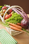 Fresh carrots, beetroot, lettuce and tomatoes in basket