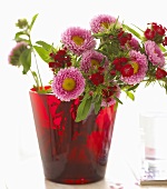 Asters and sweet williams in red glass vase