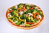 A vegetable pizza with broccoli, pepper and mushrooms