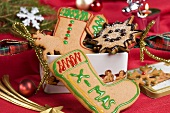 Various Christmas biscuits in a biscuit tin
