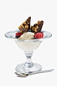 Brownie Sundae with Raspberries and Blueberries in Glass Dish