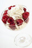 Raspberries with whipped cream in dessert bowl