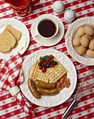 Breakfast Waffles with Sausage and Bacon; Toast and Coffee; Eggs