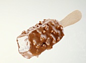 Chocolate-coated vanilla ice cream with nuts on stick