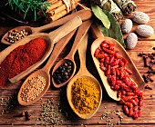 Assorted spices in wooden spoons