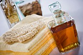 Bath products: towels, exfoliating mitt and bath essences