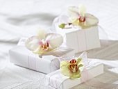 Weiß verpackte Geschenke mit Orchideenblüten