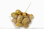 Marinated olives in glass dish