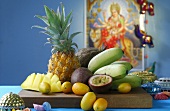 Exotic fruit still life with coconut (India)