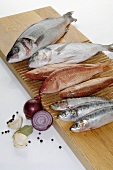 Assorted fish on a wooden board
