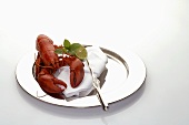 Cooked lobster on silver plate with fabric napkin