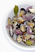 Plate of shellfish with onions and bay leaves