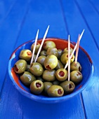 Stuffed olives with toothpicks