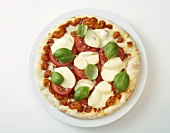 Tomato and mozzarella pizza with basil