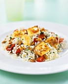 Fried, diced chicken breast on rice with tomatoes