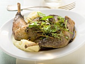 Roast goose legs with mashed potato and herbs