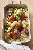 Roast duck pieces with apples, onions, herbs in roasting tin