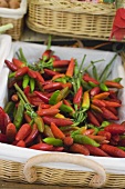 Fresh chili peppers in a basket at a market
