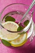 Zitronenwasser mit Eiswürfeln und Zitronenmelisse