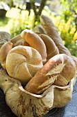 Assorted bread rolls and croissants in bread basket