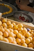 Apricots in crate in commercial kitchen