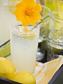 Glass of lemonade with flower, lemons on tray