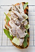 Toasted bread topped with pork and salad