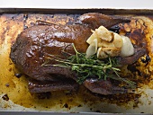 Crispy roast duck with stuffing (overhead view)