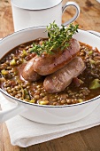 Lentil stew with sausages and thyme