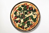 Whole spinach, tomato and cheese pizza on plate