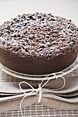 Chocolate crumble cheesecake with icing sugar on cake rack