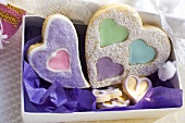 Assorted heart-shaped Christmas biscuits in gift box