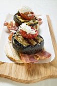 Bacon, grilled aubergine, tomato and Parmesan on toast