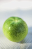 Green tomato with drops of water on white cloth