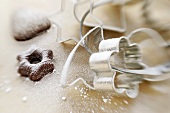Assorted biscuit cutters and biscuits with icing sugar