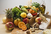 Fresh vegetables, fruit, nuts, flour, cheese and olive oil