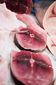 Fresh tuna steaks on ice