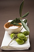 Olive sprig with green olives, sea salt in terracotta bowl