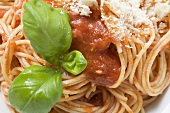 Spaghetti with tomato sauce, basil and Parmesan (close-up)