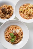Spaghetti with tomatoes, spaghetti with meatballs, tortellini