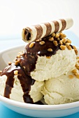 Vanilla ice cream with chocolate sauce, nuts & wafer curl