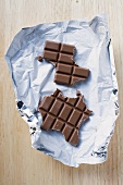Bar of chocolate, partly eaten, on silver paper