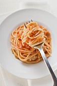 Spaghetti with tomato sauce on fork and plate