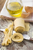 Home-made ribbon pasta, olive oil, eggshells